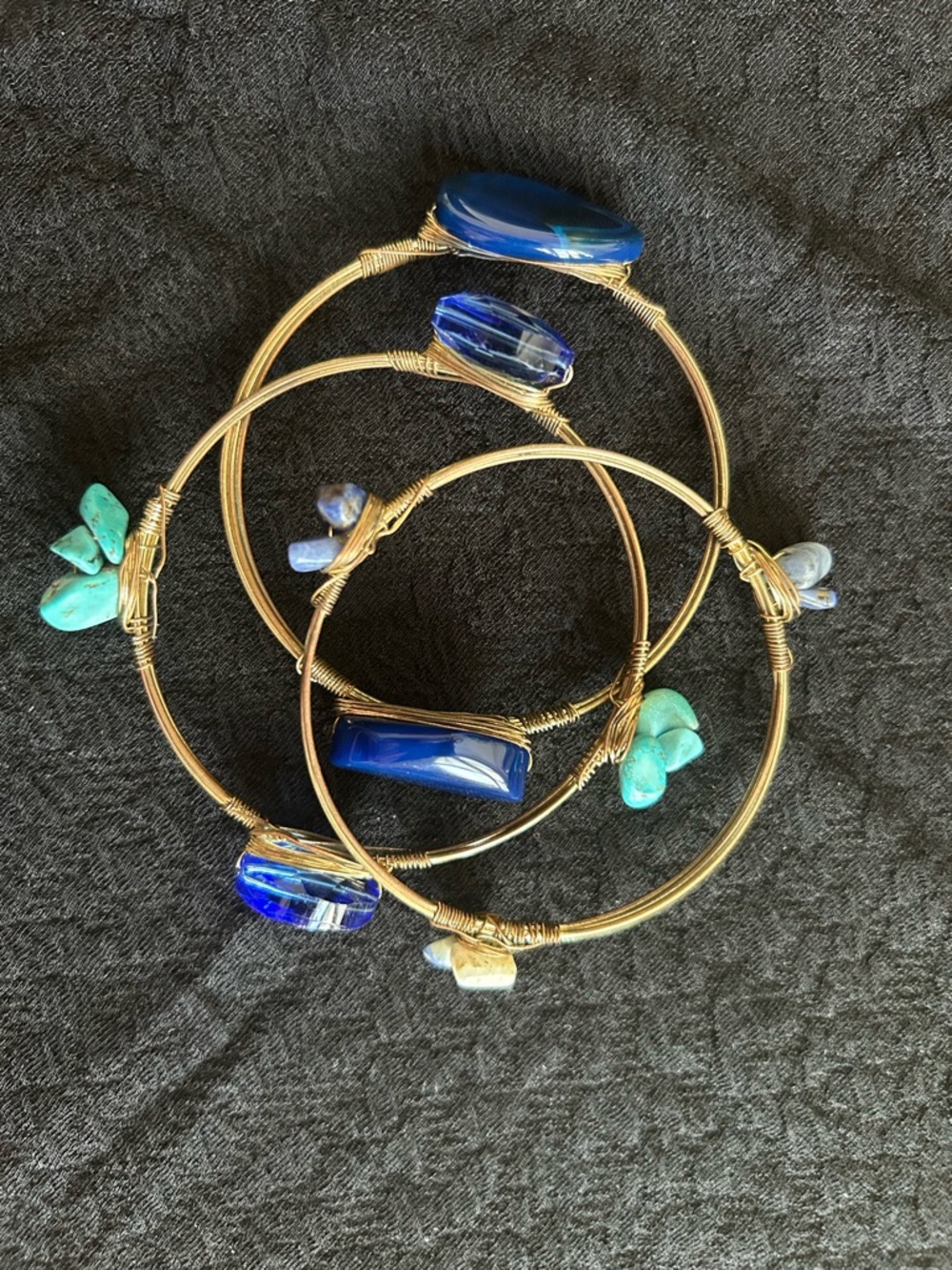 Gold Wire-Wrapped Bangle Bracelet Set with Blue and Turquoise Stones
